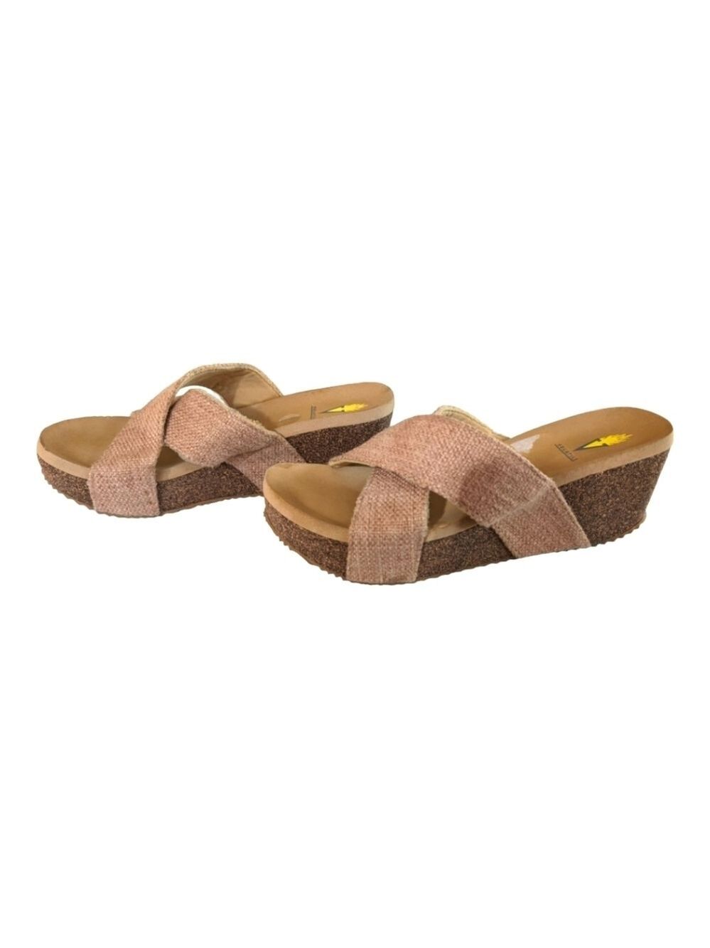 Volatile Tan Fabric Slide Cork Wedges Size 9